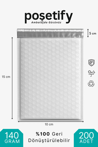 POŞETİFY Balonlu Kargo Poşeti 10x15x5 cm | 200 Adet | Beyaz | Yapışkan Bantlı...