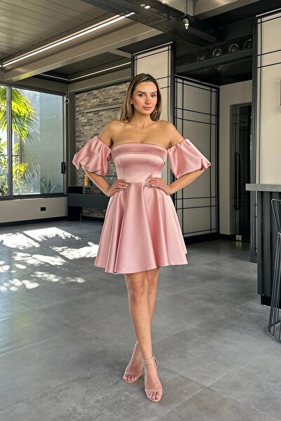 PER LEI Pudra Straplez Balon Kol Kısa Saten Abiye Elbise
