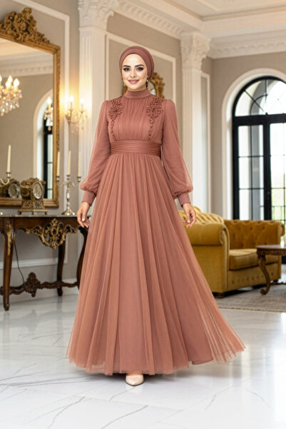 Neva Style Rochie de seara Hijab cu faianta cu detalii florale 22070krmt