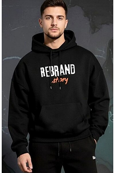 REBRAND سترة رياضية مطبوعة بقلنسوة كبيرة الحجم سميكة بثلاث خيوط