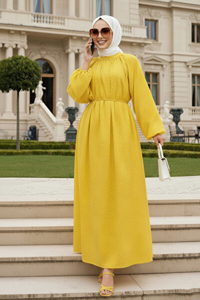 Neva Style Desenli Hardal Tesettür Elbise 14291HR