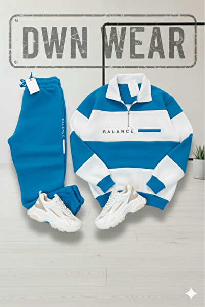 dwnwear Baby Blue Single 3-Thread Winter Polo Neck Top and Bottom Set Combination – Unisex Tracksuit Set