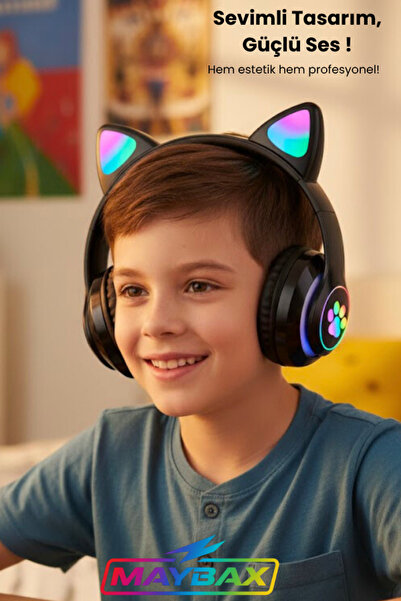 OWWOTECH 23m Kablosuz Bluetooth Kulaklık Led Işıklı Mikrofonlu Kedili Kulaklık Bt5.0