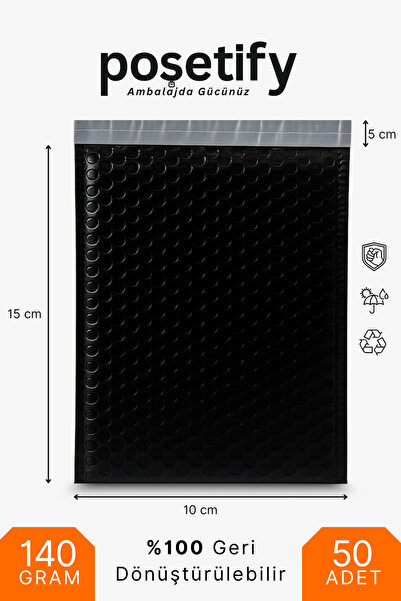 POŞETİFY Balonlu Kargo Poşeti 10x15x5 cm | 50 Adet | Siyah | Yapışkan Bantlı ...