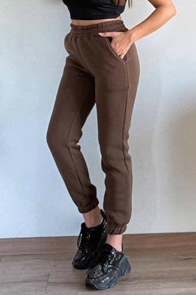 CİDDE Women's Winter 3 Thread Thick Fleece Lined High Waist Elasticated Leg Basic Jogger Sweatpants