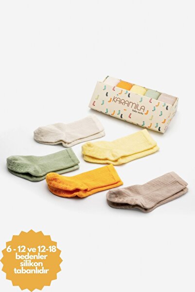 KARAMİLA 5'li Set Bebek Çorap Doğal Bambu ( 6 Ay'dan Sonrası Kaydırmaz Siliko...