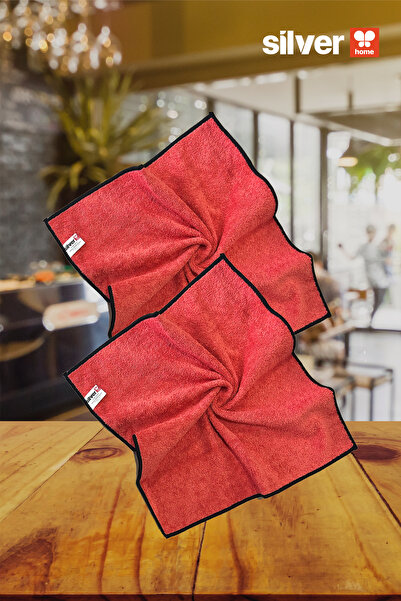 SİLVER HOME Overlocked Microfiber Super Absorbent 2-Piece Towel Cleaning Cloth - Red