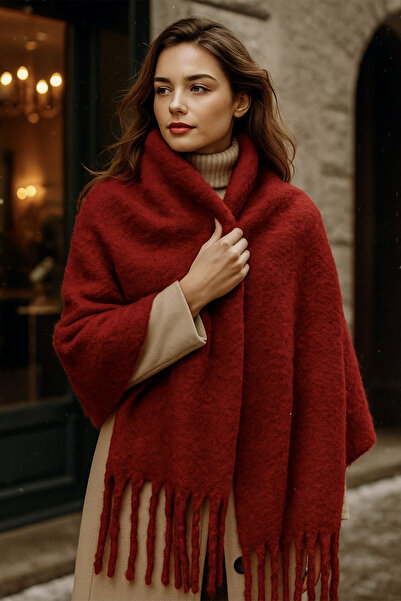 REMSA Women's Tassel Detail Scarf Shoulder Shawl 40X200 cm 1295 Burgundy