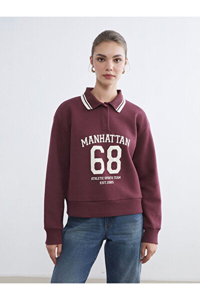 LC Waikiki Plum Polo Neck Manhattan Printed Women's Thick Sweatshirt