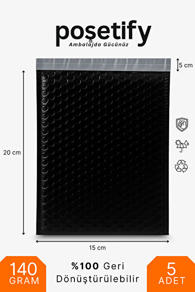 POŞETİFY Balonlu Kargo Poşeti 15x20x5 cm | 5 Adet | Siyah | Yapışkan Bantlı K...