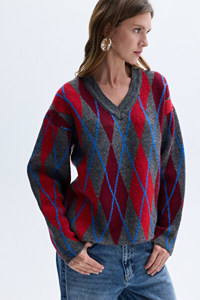 Mudo Jacquard Baklava Patterned V-Neck Sweater