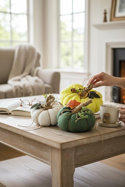 ANJEAHOME El Yapımı Halloween Bal Kabağı 3’lü Dekoratif Set | Yün & Kumaş | K...