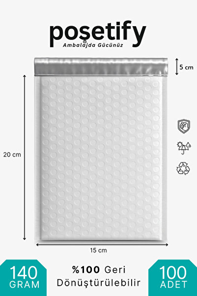 POŞETİFY Balonlu Kargo Poşeti 15x20x5 cm | 100 Adet | Beyaz | Yapışkan Bantlı...