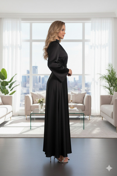 Efour Σατέν βραδινό φόρεμα με ισπανικό μανίκι που τυλίγεται γύρω από τη μέση