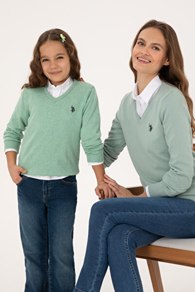 U.S. Polo Assn. Girl's Green Melange V-Neck Basic Sweater 50316777-Vr115