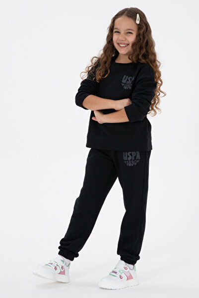 U.S. Polo Assn. Pantaloni de sport pentru fetiță, negri, cu imprimeu cu sclip...