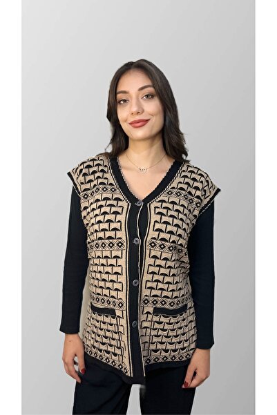 Mako V-Neck Pocketed Buttoned Knitwear Acrylic Vest – Ecru Black Patterned