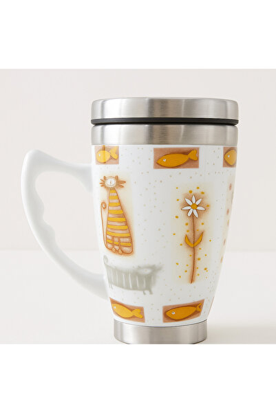 Luyano Renkli Kedi ve Balık Desenli Seramik Cat Termos Kupa Bardak 300 ml 1 A...