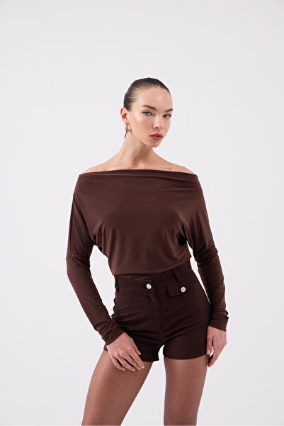 HOLLY LOLLY Asymmetrical Collar Talia Blouse Brown