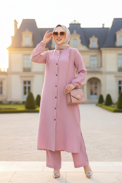 N.S NEVA STYLE Dusty Rose Hijab Διπλό Σετ με Κουμπί 19017GK