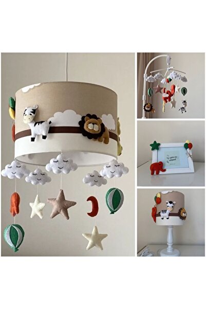 Leobabyroom Kahve Bulutlu Amazon Hayvan Figürlü Avize Abajur Çerçeve Dönence Bebek Odası Tasarım Set