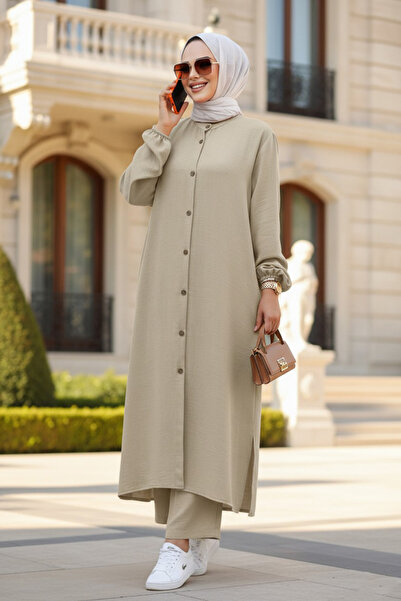 N.S NEVA STYLE Beige Hijab Double Set - Buttoned, 19017BEIGE