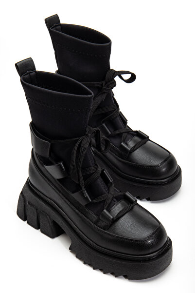 Moda Hanım Siyah Kalın Tabanlı Bağcıklı Kadın Bot