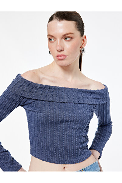 Koton Slim Fit Long Sleeve Hair Braid Textured Off-The-Shoulder Blouse