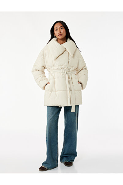 Koton Long Sleeve Zippered Shawl Collar Belted Water Repellent Anorak Puffer Jacket