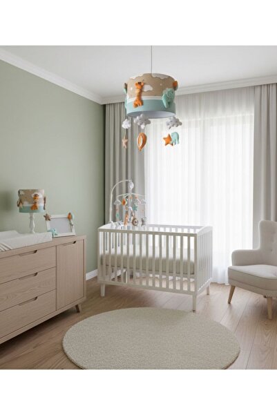 Leobabyroom Kahve Bulutlu Mint Turuncu Detaylı Hayvan Figürlü Avize Abajur Çerçeve Dönence Tasarım Set