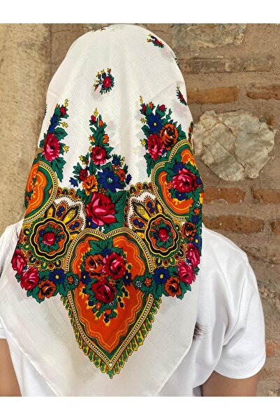 Sobe Hediyelik Mardin Calligraphy White Background Floral Patterned Headscarf 100X100 cm – Dowry and Daily Use