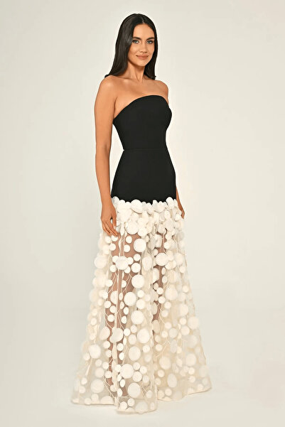 ALFABETA Women's Evening Dress Strapless Top Crepe 3D Laser Cut Long Dress