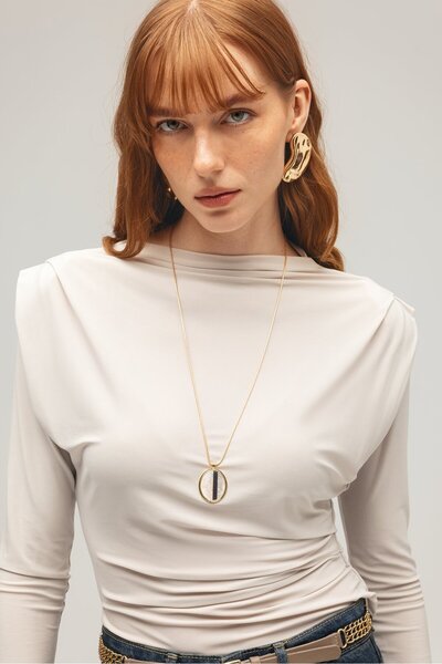 Saade Γυναικεία πλεκτή μπλούζα με μακρύ μανίκι ντραπέ τεμαχίων - βάτα τεμαχίων με λεπτομέρεια πλισέ