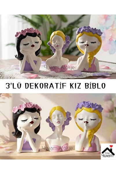 Yuvam Atölye HANDMADE | ELYAPIMI 3lü dekoratif kız seti | 3 boyalı vernikli kız | Hediyelik | Biblo | büst