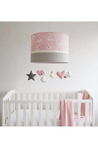 Leobabyroom Pembe Kuğu Desenli Beyaz Şeritli Gri Renk Kuğu Figürlü Çocuk/bebe...