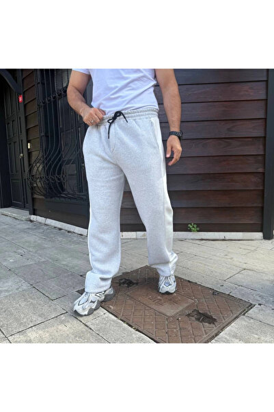 Silerra Men's Three Thread Winter Cotton Side Trim Thick Beige Striped Pocket Sweatpants - Gray