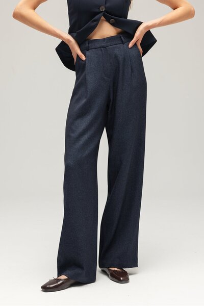 Saade Kadın Yün Görünümlü Yüksek Bel Geniş Paça Dokuma Pantolon