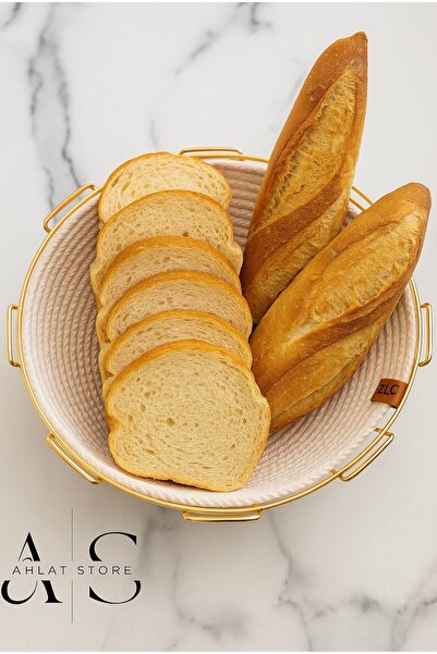 Ahlat Store Gold Oval Cornered Bread Basket Stylish, Bread Bowl Wicker Knitted Macrame, Dowry - Multi-Purpose Metal Stainless