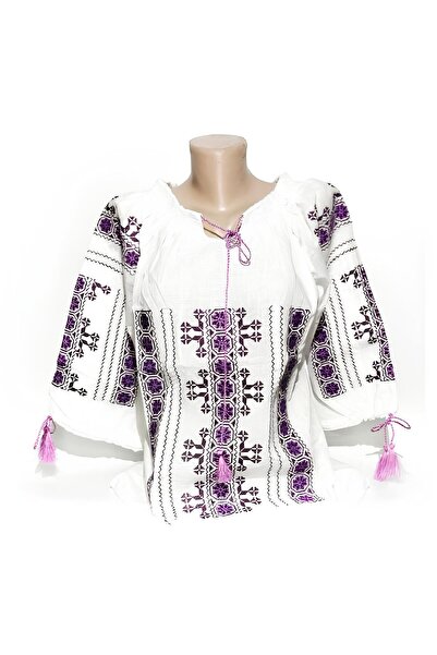 Inovius Ie Traditionala Alba cu Motiv Geometric Mov de Dama - IMS17 XXL