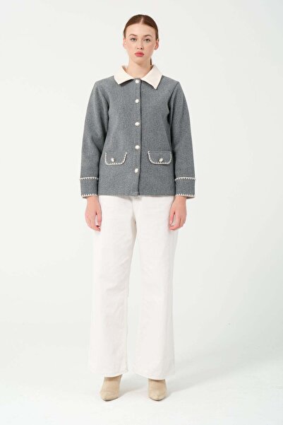 Hatun Atila سترة هاتون أتيلا المحبوكة بياقة قميص وجيوب ذات مظهر أنيق 7859 رمادي