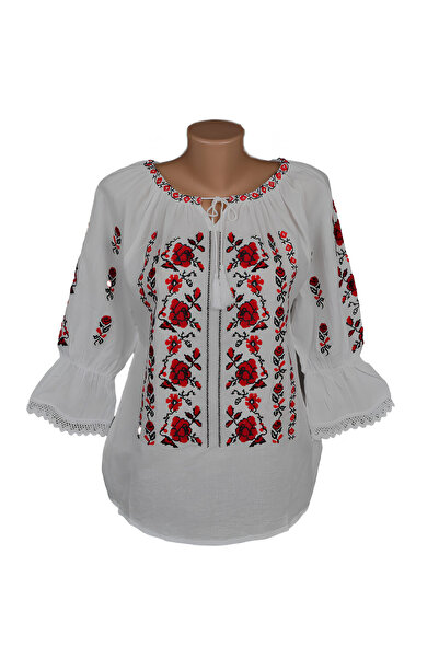 Inovius Bluza Tip Ie Traditionala Alba cu Motiv Floral Rosu de Dama - IMS96 XL
