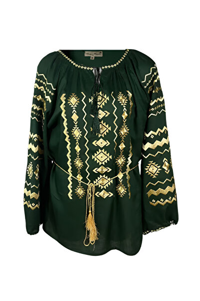 Inovius Bluza Tip Ie Verde cu Motiv Geometric Auriu - BMG17 L