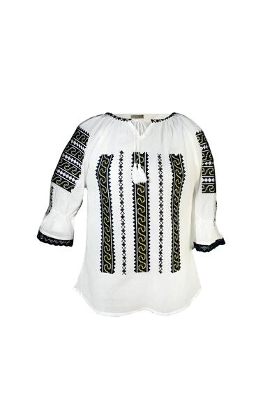 Inovius Bluza Tip Ie Traditionala Alba cu Motiv Geometric Negru de Dama - IMS...