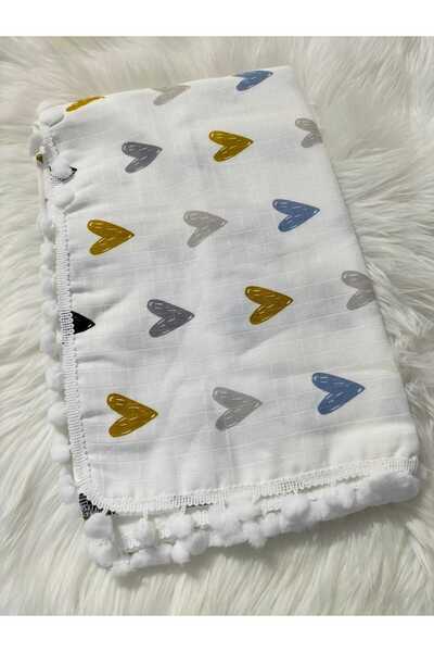 mayakids Baby White Color Heart Patterned Pompon Muslin Blanket
