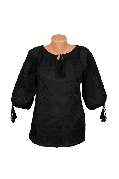 Inovius Bluza Tip Ie Traditionala Neagra cu Motiv Floral - BMG31 S