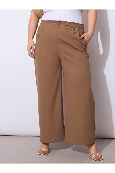 Sassafras By Styli Plus Size Beige Wide Leg Trousers
