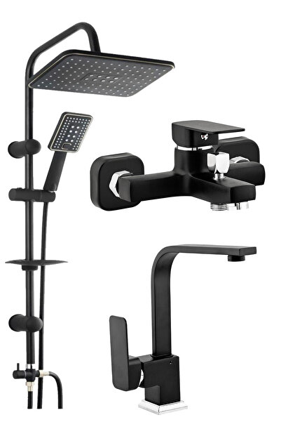 BF BLACKFİT Siyah Tepe Duş Seti Kare Lavabo Banyo Batarya Seti Duş Çeşmesi Du...