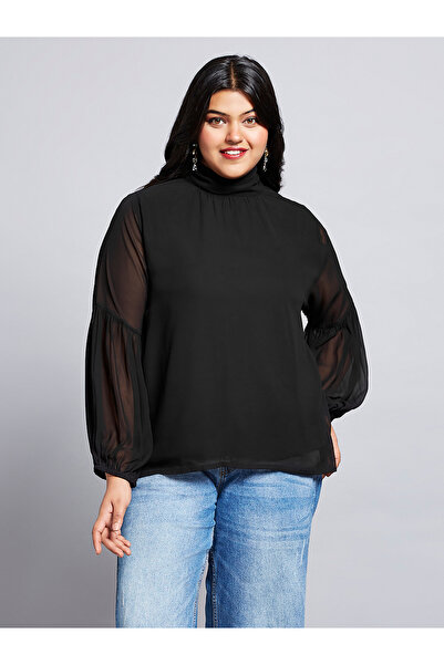 Globus By Styli Plus Size Black Georgette Blouse