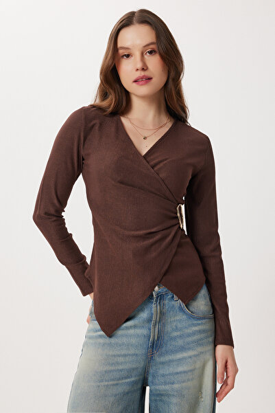 Lovelyİstanbul Double-Breasted Yaka Gold Accessory Knitted Blouse Lfw0015 Brown