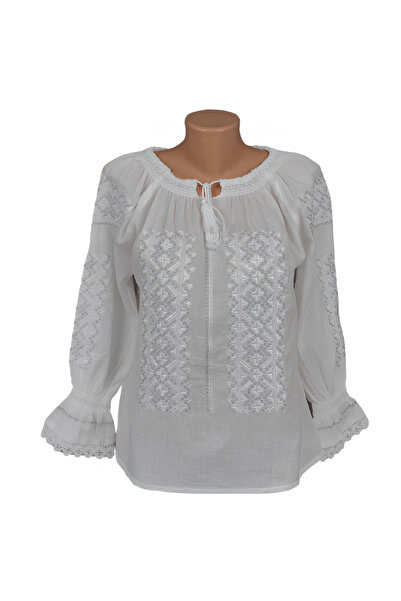 Inovius Bluza Tip Ie Traditionala Alba cu Motiv Geometric Argintiu de Dama - ...